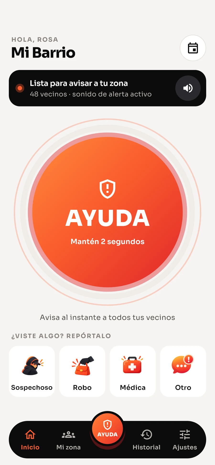 Pantalla de inicio de VeciAlerta con el botón AYUDA